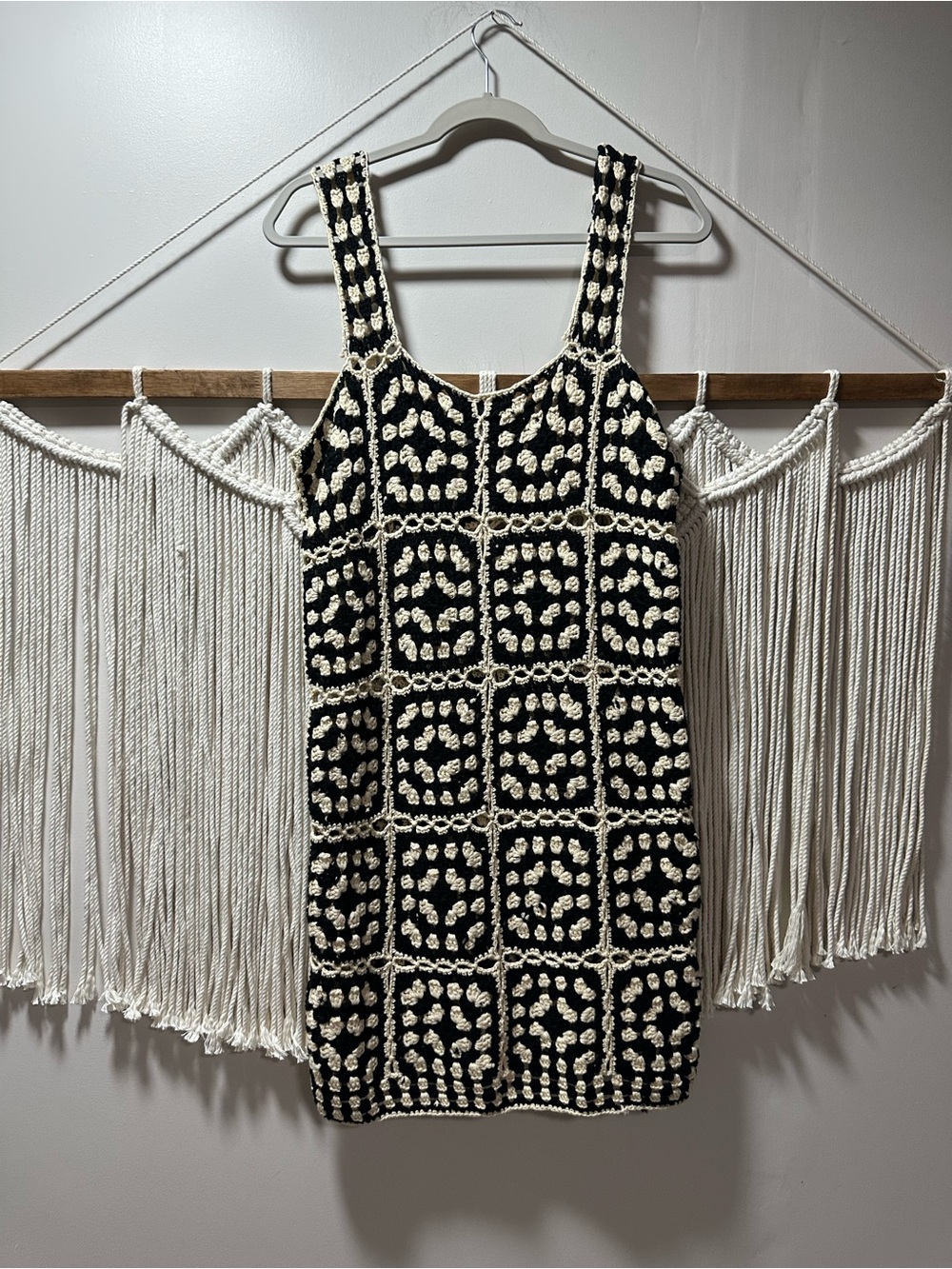 Vici Black and Cream Crochet Square Tank Mini Coverup Dress